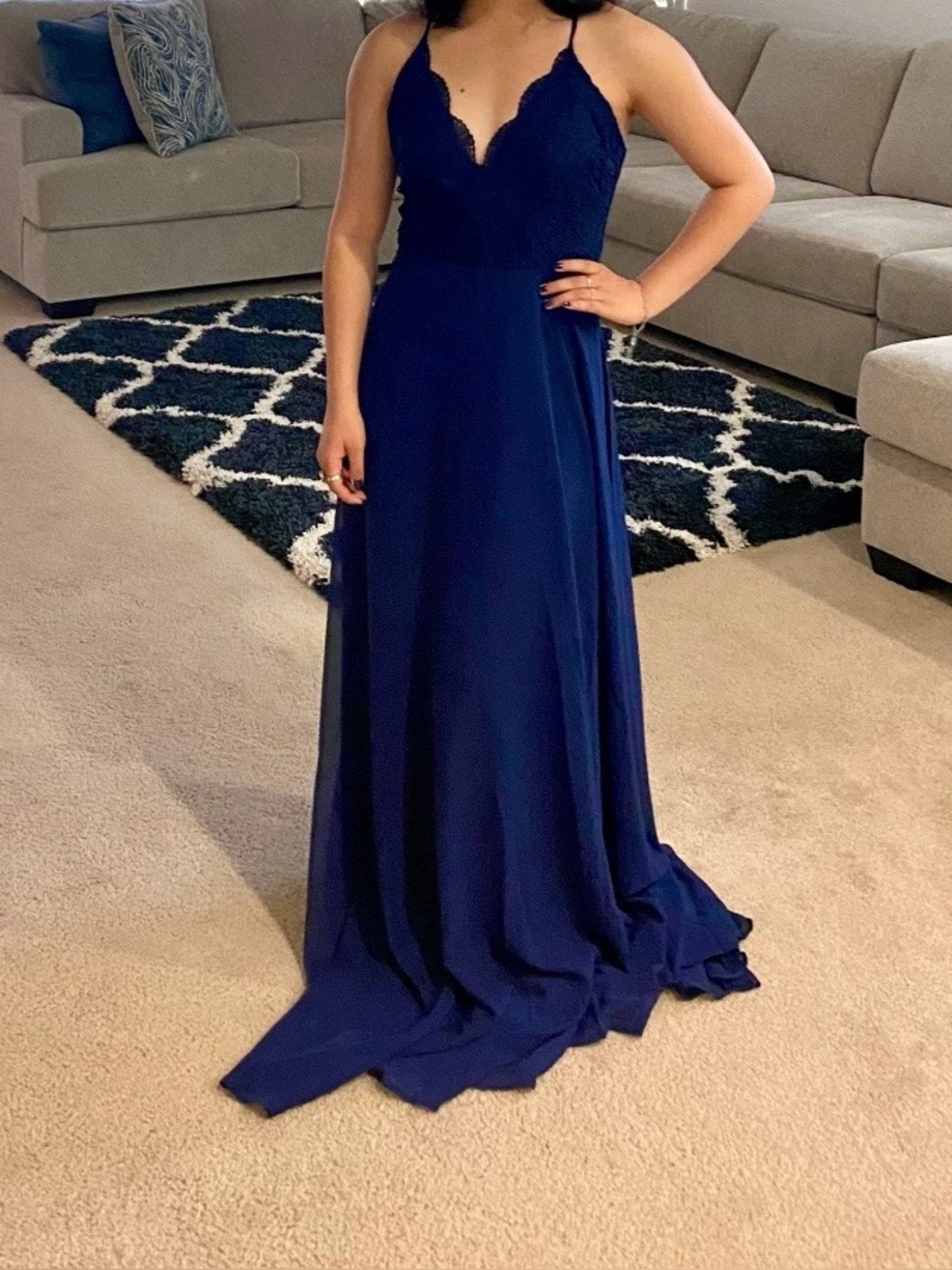 Lulu's Navy Lace V-Neck Spaghetti Strap Prom Gown